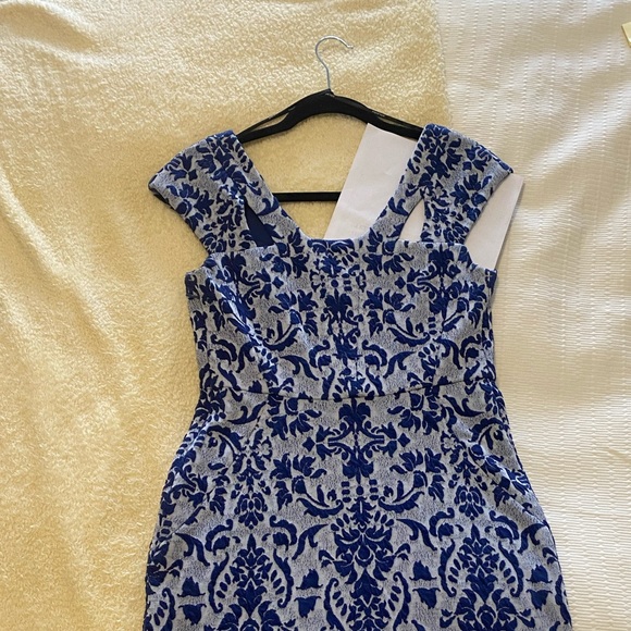 Blue Jacquard Shift Dress with Cut Out Back - Picture 2 of 7